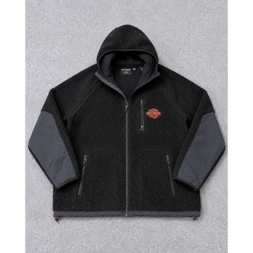 Harley-Davidson Womens Black Sherpa Fleece Full Zip Hooded Jacket XL Logo Patch